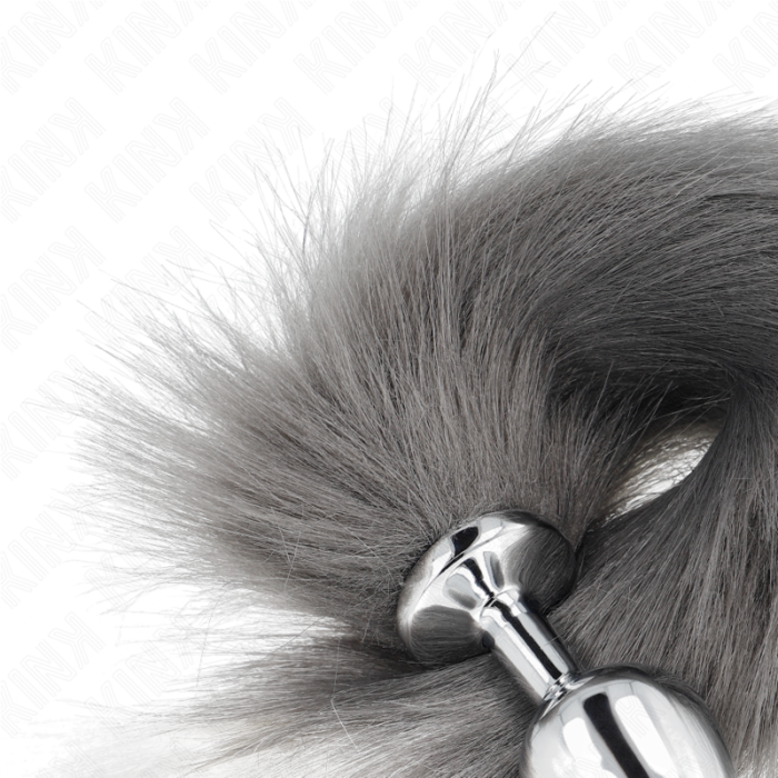 Kink - Plug Anal Tamanho M 8 X 3,5 Cm Com Cauda Sintética 40 Cm Cinzento E Branco - Image 4