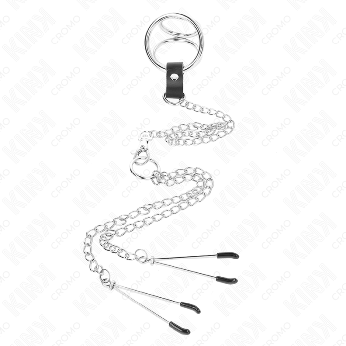 Kink - Anel De Pênis Triplo De Metal Cromado De 3,8 Cm A 5 Cm Com Corrente De Metal De 26 Cm E Grampos De Mamilos Modelo 2 - Image 3